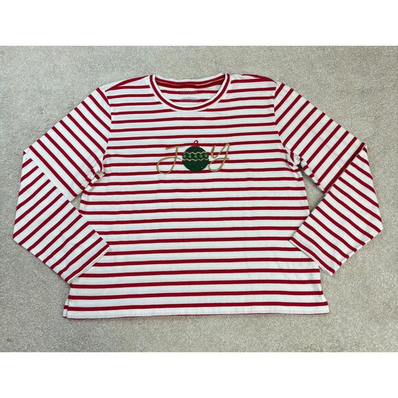 Talbots Joy Red White Stripe Embellished Ornament Long Sleeve Shirt Size L - Picture 2 of 5
